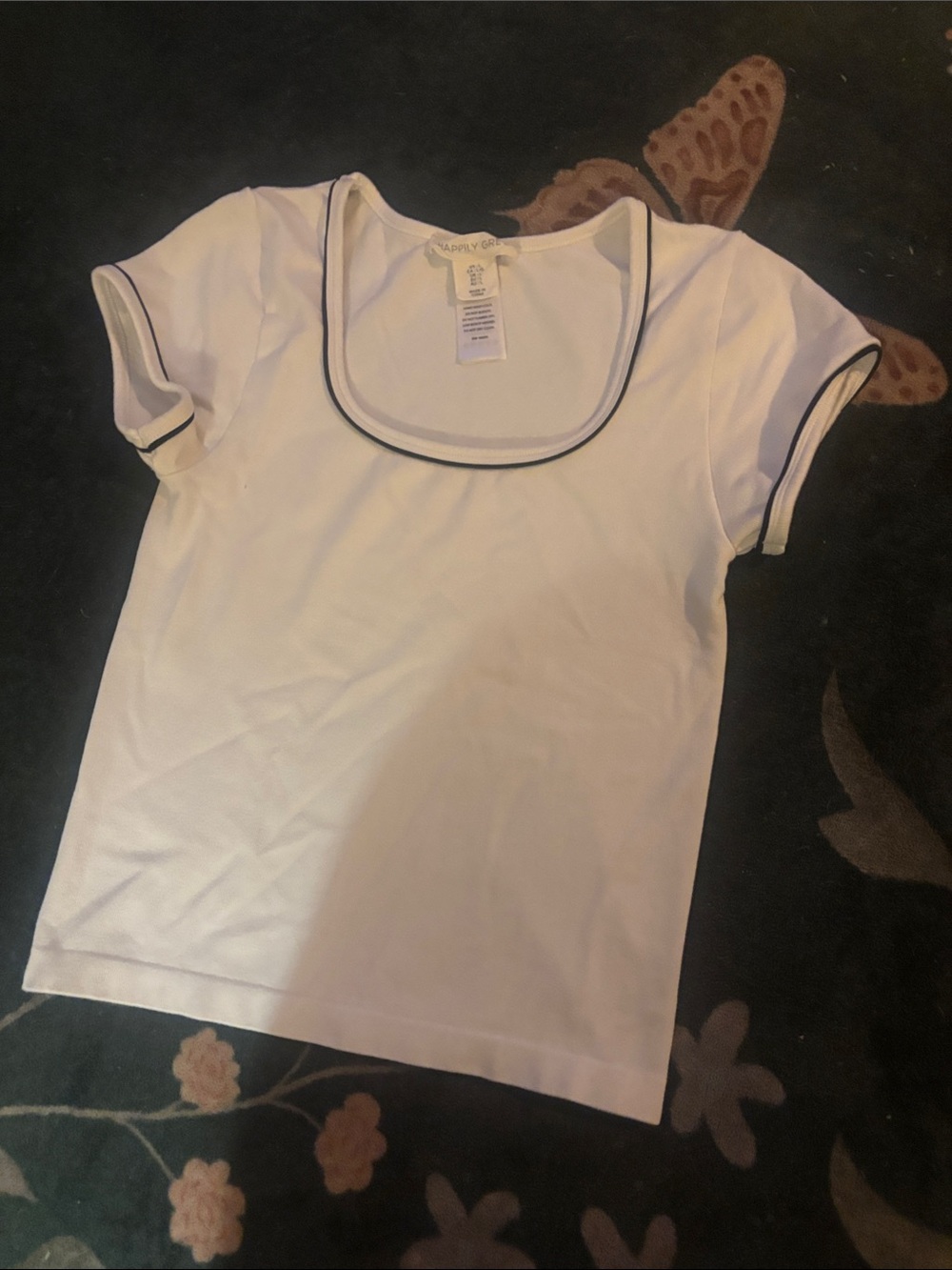 Happily grey White Scoop Neck Short Sleeve Top with black Trim